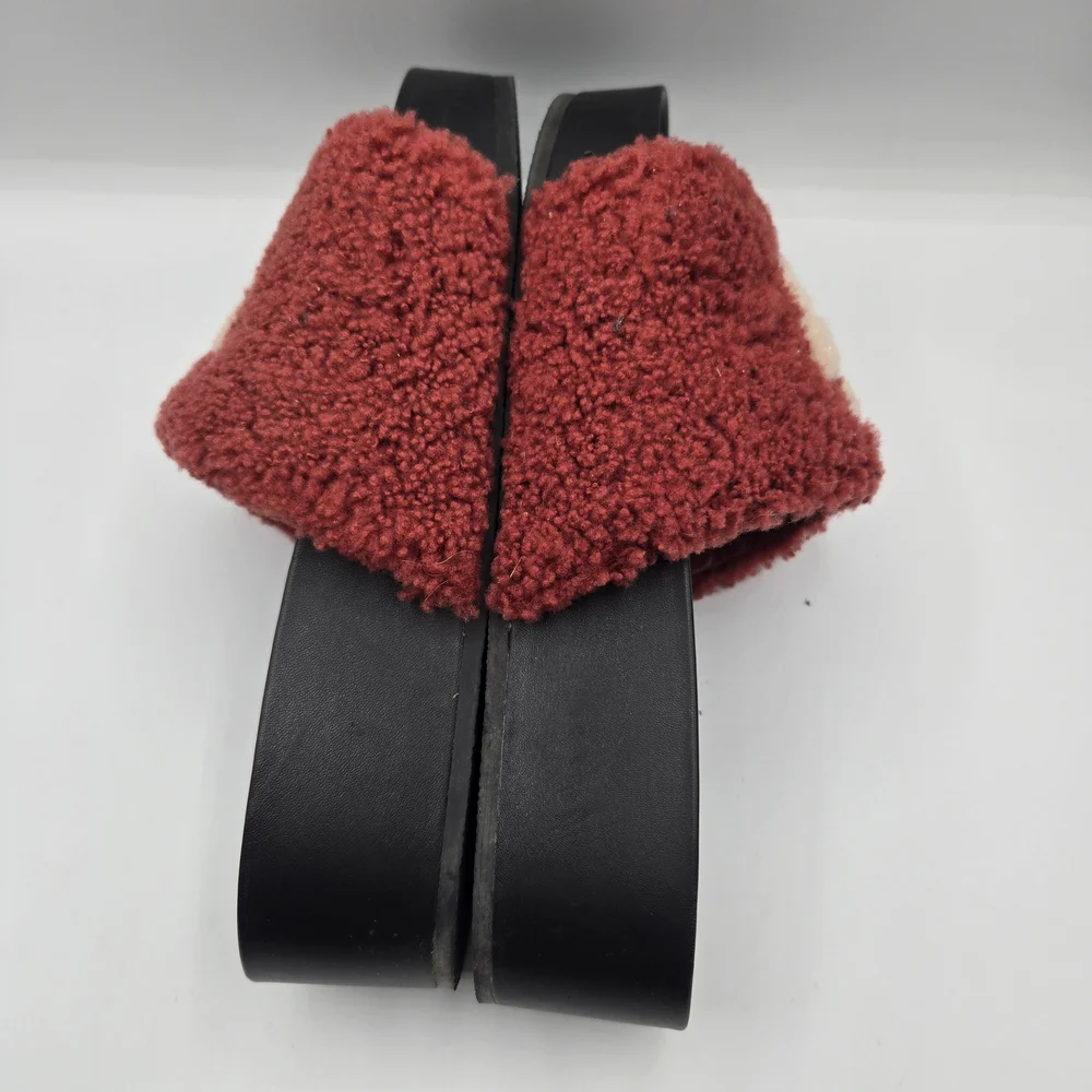 Tory Burch Double T Shearling Flatform Slide Sandals in a vibrant red and cream
